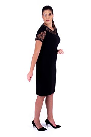 Nidya Moda Büyük Beden Kadın Siyah Boncuk İşli Dantel Kombinli Abiye Elbise-4103S