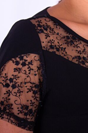 Nidya Moda Büyük Beden Kadın Siyah Boncuk İşli Dantel Kombinli Abiye Elbise-4103S