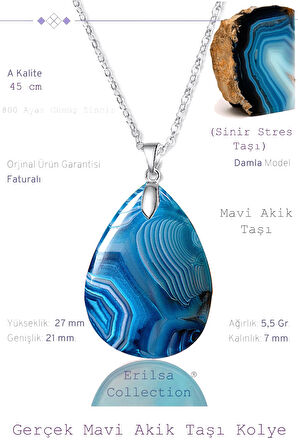 Sertifikalı Damla Model Gerçek Mavi Akik Taşı Kolye - Gümüş Aparatlı
