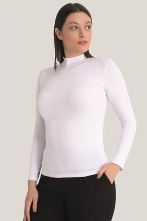 Delux Serisi Basic Giyim Klasik Bluz Esnek Üst Kadın Beyaz Balıkçı Yaka Uzun Kollu Body 2'li Paket