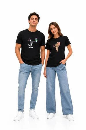 Tom & Jerry Çiçek ve Kalp Baskılı Sevgili Kombini Unisex Beyaz Tişört Seti – Çift Tişörtü