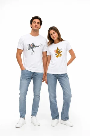 Tom ve Jerry Baskılı Sevgili Tişörtü Beyaz Unisex Oversize Çift Kombini Pamuklu Kısa Kollu