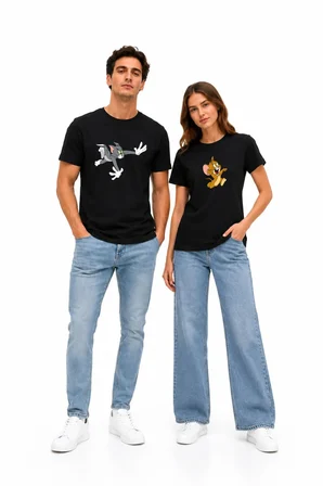 Tom ve Jerry Baskılı Sevgili Tişörtü Beyaz Unisex Oversize Çift Kombini Pamuklu Kısa Kollu