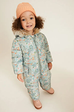 Green Floral Lüks Suni Kürklü Suya Dayanıklı Tam Polar Astarlı Kar Tulumu