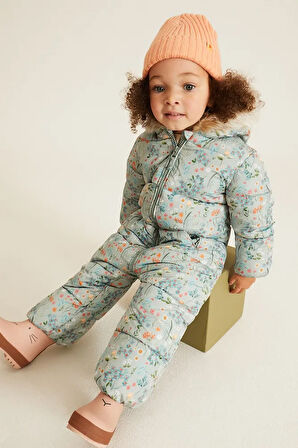 Green Floral Lüks Suni Kürklü Suya Dayanıklı Tam Polar Astarlı Kar Tulumu