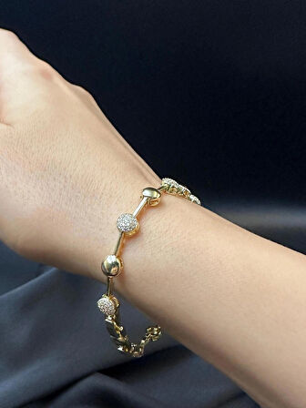 Kadın zirkon taşlı yuvarlak tasarım kuyumcu işçiliği 14k gold renkli bileklik bilezik