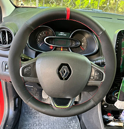 DİKİŞLİ DİREKSİYON KILIFI NOKTALI / NUBUK DERİ KIRMIZI YÜZÜK KIRMIZI DİKİŞLİ RENAULT CLİO 4 İÇİN