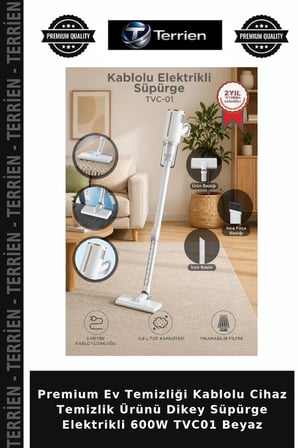 Premium Ev Temizliği Kablolu Cihaz Temizlik Ürünü Dikey Süpürge Elektrikli 600W TVC01 Beyaz