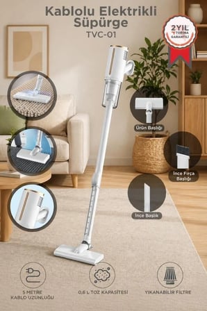 Premium Ev Temizliği Kablolu Cihaz Temizlik Ürünü Dikey Süpürge Elektrikli 600W TVC01 Beyaz