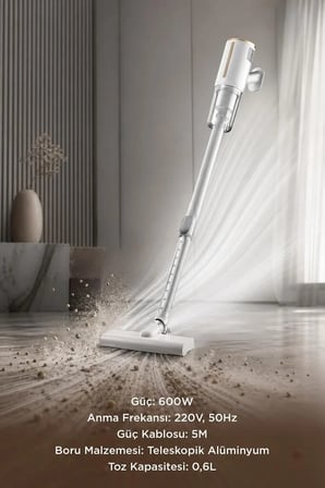 Premium Ev Temizliği Kablolu Cihaz Temizlik Ürünü Dikey Süpürge Elektrikli 600W TVC01 Beyaz