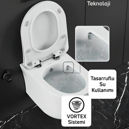 Creavit Nora Vortex Beyaz Asma Klozet NO323, Creavit Nora Duck Duroplast Yavaş Kapak