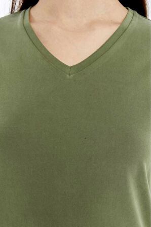 Kadın Yeşil V Yaka Cupra Modal Kumaş Kısa Kollu t-shirt