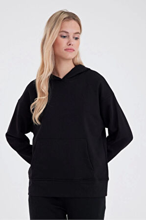 Kadın Kapüşonlu Siyah 3 İplik Hoodie Sweatshirt