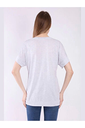 Gri V Yaka Oversize Kadın T-shirt