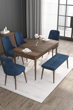 Noa Serisi 80x132 Açılabilir Mdf Masa Barok Ahşap Desen Masa Takımı 4 Lacivert Sandalye 1 Bench
