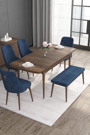 Noa Serisi 80x132 Açılabilir Mdf Masa Barok Ahşap Desen Masa Takımı 4 Lacivert Sandalye 1 Bench