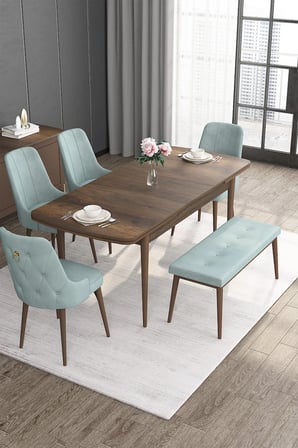 Noa Serisi 80x132 Açılabilir Mdf Masa Barok Ahşap Desen Masa Takımı 4 Su Yeşili Sandalye 1 Bench