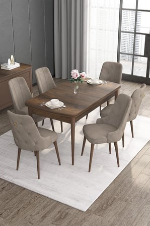 Noa Serisi, Barok Ahşap Desen 80x132 Açılabilir Mdf Masa Takımı, 6 Cappucino Sandalye Gold Halkalı