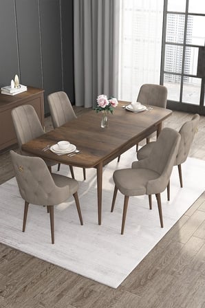 Noa Serisi, Barok Ahşap Desen 80x132 Açılabilir Mdf Masa Takımı, 6 Cappucino Sandalye Gold Halkalı