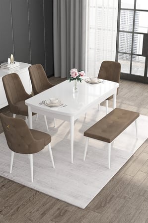 Noa Serisi 80x132 Açılabilir Mdf Beyaz Masa Takımı 4 Kahverengi Sandalye Ve 1 Bench
