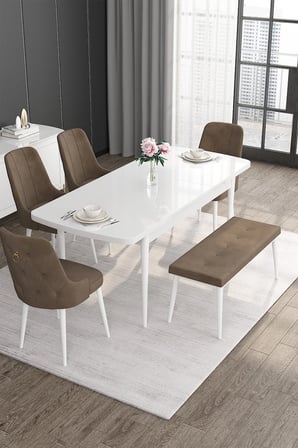 Noa Serisi 80x132 Açılabilir Mdf Beyaz Masa Takımı 4 Kahverengi Sandalye Ve 1 Bench