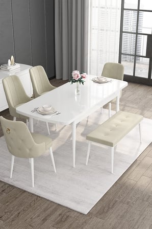 Noa Serisi 80x132 Açılabilir Mdf Beyaz Masa Takımı 4 Krem Sandalye Ve 1 Bench