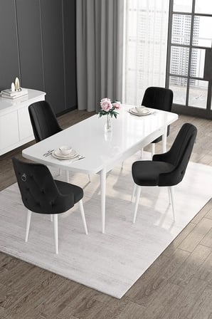 Noa Serisi,80x132 Açılabilir Mdf Masa,beyaz Mutfak Masa Takımı,4 Siyah Sandalye Gümüş Halkalı