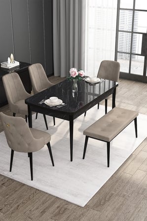 Noa Serisi 80x132 Açılabilir Mdf Siyah Mermer Desen Masa Takımı 4 Cappucino Sandalye Ve 1 Bench