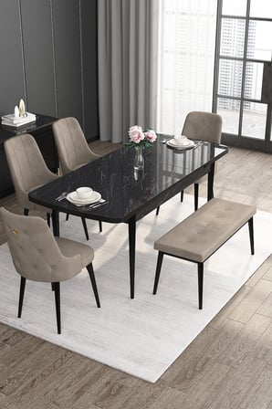 Noa Serisi 80x132 Açılabilir Mdf Siyah Mermer Desen Masa Takımı 4 Cappucino Sandalye Ve 1 Bench