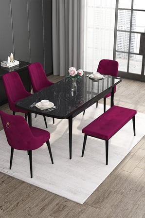 Noa Serisi 80x132 Açılabilir Mdf Siyah Mermer Desen Masa Takımı 4 Mürdüm Sandalye Ve 1 Bench