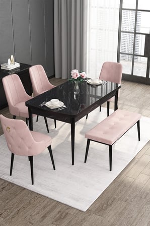 Noa Serisi 80x132 Açılabilir Mdf Siyah Mermer Desen Masa Takımı 4 Pembe Sandalye Ve 1 Bench