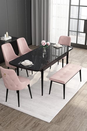 Noa Serisi 80x132 Açılabilir Mdf Siyah Mermer Desen Masa Takımı 4 Pembe Sandalye Ve 1 Bench