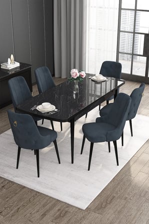 Noa Serisi 80x132 Açılabilir Mdf Siyah Mermer Desen Mutfak Masası Takımı 6 Antrasit Sandalye
