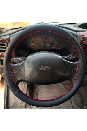 DİKİŞLİ DİREKSİYON KILIFI NOKTALI/SİYAH DERİ KIRMIZI DİKİŞLİ FORD TRANSİT 2004-06