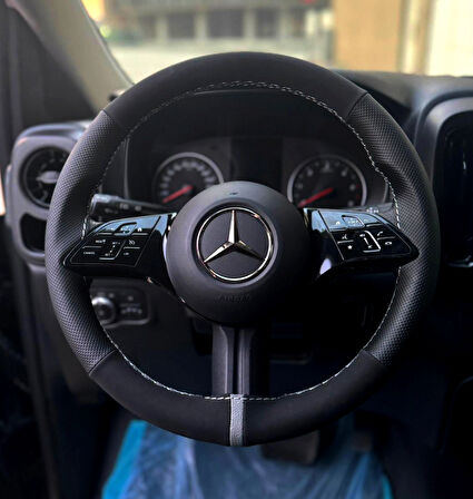 DİKİŞLİ DİREKSİYON KILIFI NUBUK DERİ NOKTALI DERİ GRİ YÜZÜK GRİ DİKİŞLİ MERCEDES VİTO İÇİN