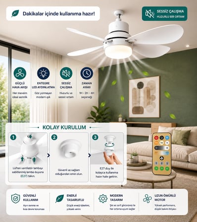 Kumandalı Tavan Vantilatörü E27 Duy Uyumlu LED Aydınlatmalı 40W 3 Renk Işık Sessiz Fan Zaman Ayarlı