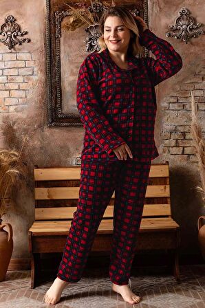 Lukitus Tam Düğmeli Ekose Desen Büyük Beden Welsof Pijama Takımı