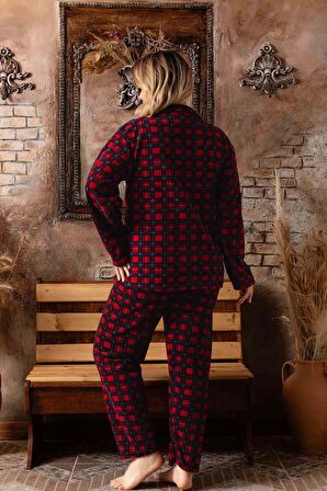 Lukitus Tam Düğmeli Ekose Desen Büyük Beden Welsof Pijama Takımı