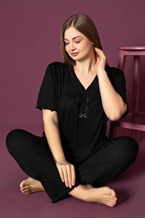 Büyük Beden Uzun Kollu V Yaka Kadın Pijama Takımı Lukitus