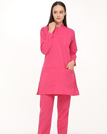 Nova 2 Çıt Çıtlı Tesettür Pembe Likrasız Terikoton Takım - Kadın Hemşire Forması