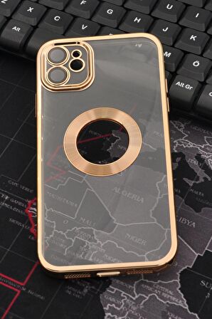 iPhone 11 Uyumlu Altın Sarı Gold Renkli Kenarlı Lazerli Şeffaf Kılıf Lens Korumalı