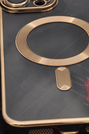 iPhone 14 Pro Max Uyumlu MagSafe Özellikli Altın Sarı Gold Renkli Kenarlı Lazerli Şeffaf Kılıf Lens Korumalı