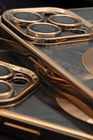 iPhone 14 Pro Max Uyumlu MagSafe Özellikli Altın Sarı Gold Renkli Kenarlı Lazerli Şeffaf Kılıf Lens Korumalı