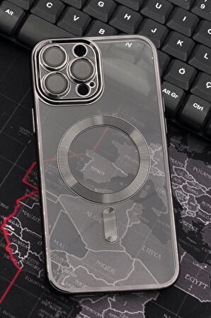 iPhone 14 Pro Max Uyumlu MagSafe Özellikli Siyah Renkli Kenarlı Lazerli Şeffaf Kılıf Lens Korumalı