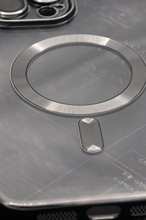 iPhone 14 Pro Max Uyumlu MagSafe Özellikli Siyah Renkli Kenarlı Lazerli Şeffaf Kılıf Lens Korumalı