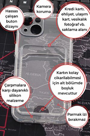 iPhone 13 Uyumlu Kredi Kartlıklı Şeffaf Kılıf Kamera Korumalı