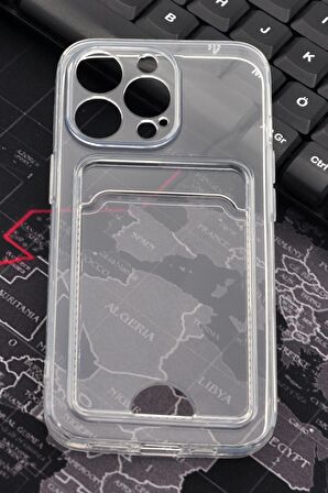 iPhone 14 Pro Max Uyumlu Kredi Kartlıklı Şeffaf Kılıf Kamera Korumalı