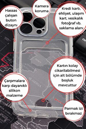 iPhone 14 Pro Max Uyumlu Kredi Kartlıklı Şeffaf Kılıf Kamera Korumalı