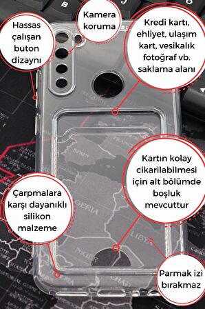 Xiaomi Redmi Note 8 Uyumlu Kredi Kartlıklı Şeffaf Kılıf Kamera Korumalı