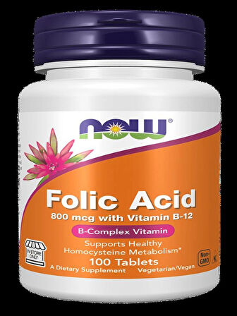 Now Folic Acid B12 Complex 800 mcg with Vitamin B-12 100 Tablets 